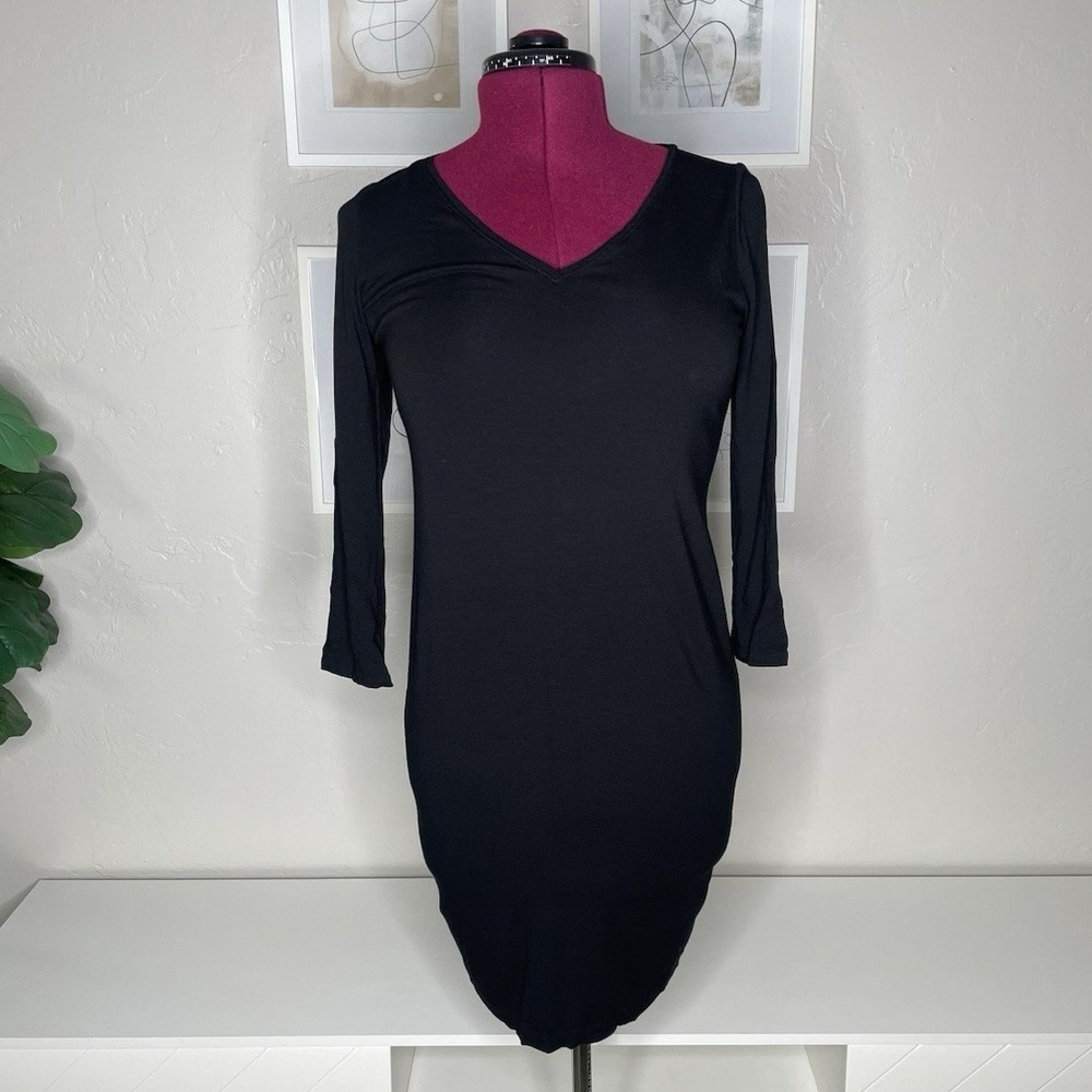 Eileen Fisher V-Neck Sheath Dress Womens XS Black 3/4 Sleeve Viscose Spandex